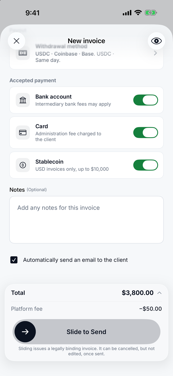 The New invoice form: accepted payment toggles for bank account, card (administration fee charged to the client) and stablecoin (USD invoices only, up to $10,000), a total of $3,800.00 with the $50.00 platform fee, and Slide to Send.