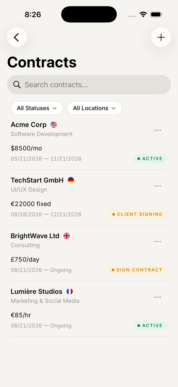 Contract list showing active, client-signing and awaiting-signature states across four currencies.