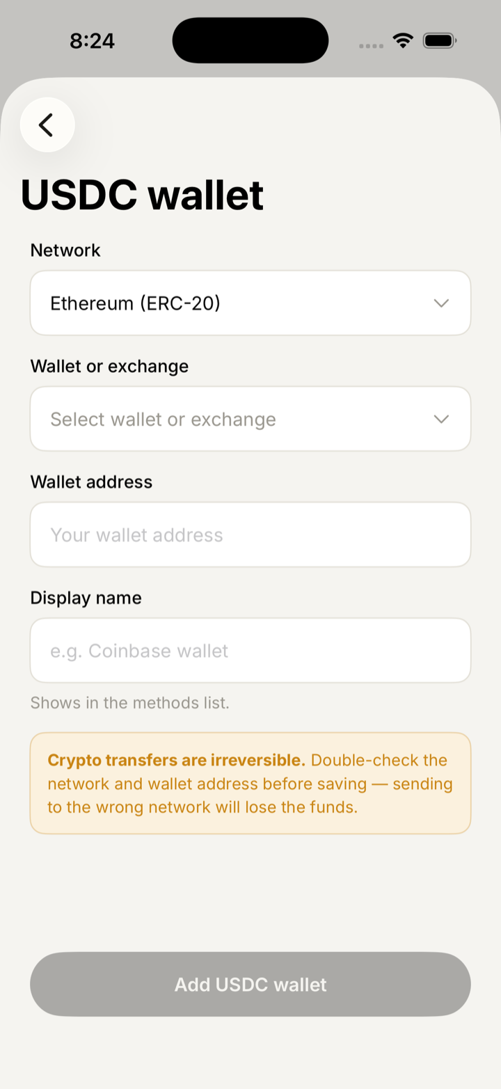 Adding a USDC wallet, choosing the Ethereum network and a wallet provider.