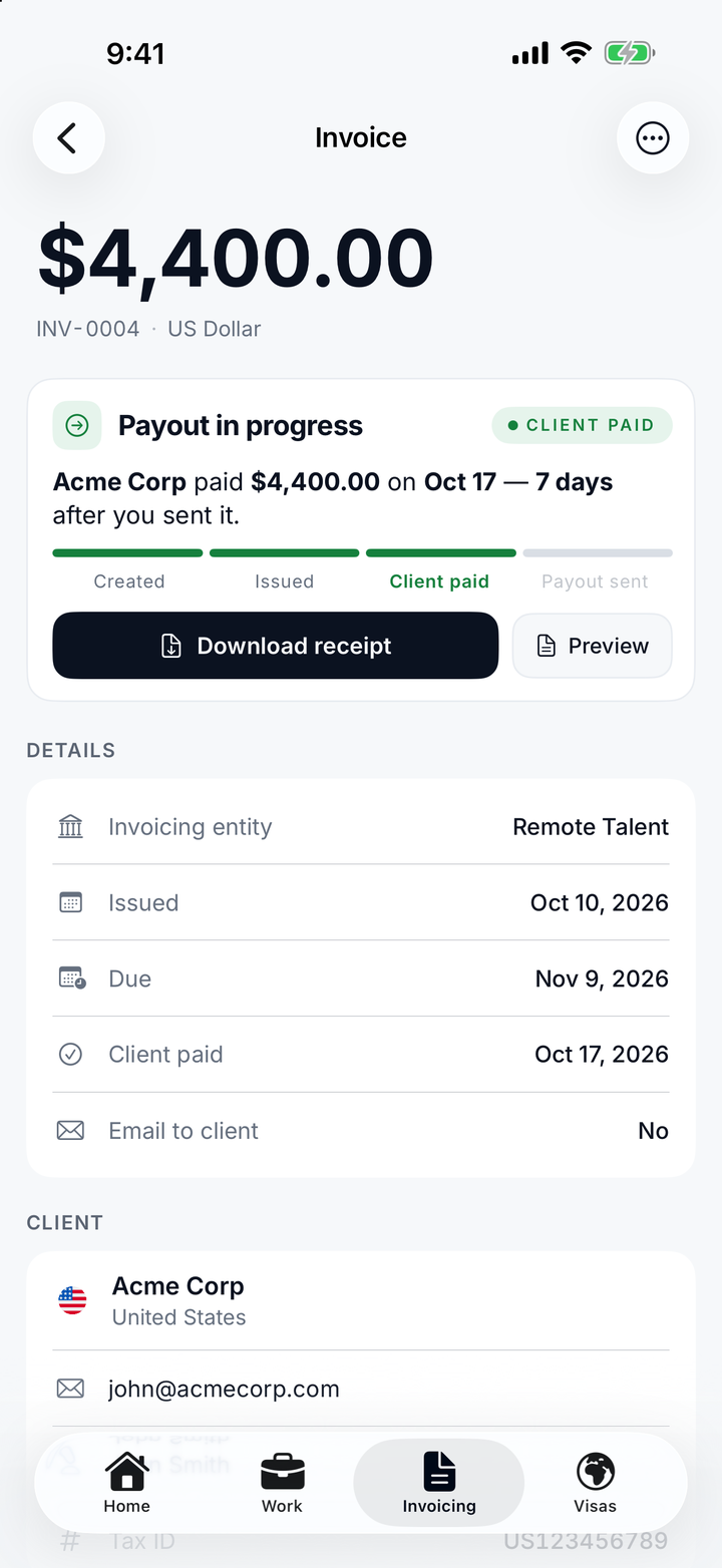 A $4,400.00 invoice marked Client paid: Payout in progress, Acme Corp paid on 17 October, with a Download receipt button and the platform fee of $50.00.