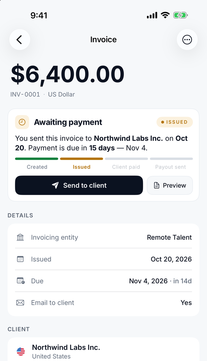 An issued $6,400.00 invoice to Northwind Labs Inc. in the Remote Talent app: Awaiting payment, due in 15 days, a progress bar from Created to Payout sent, a Send to client button, and the invoicing entity shown as Remote Talent.