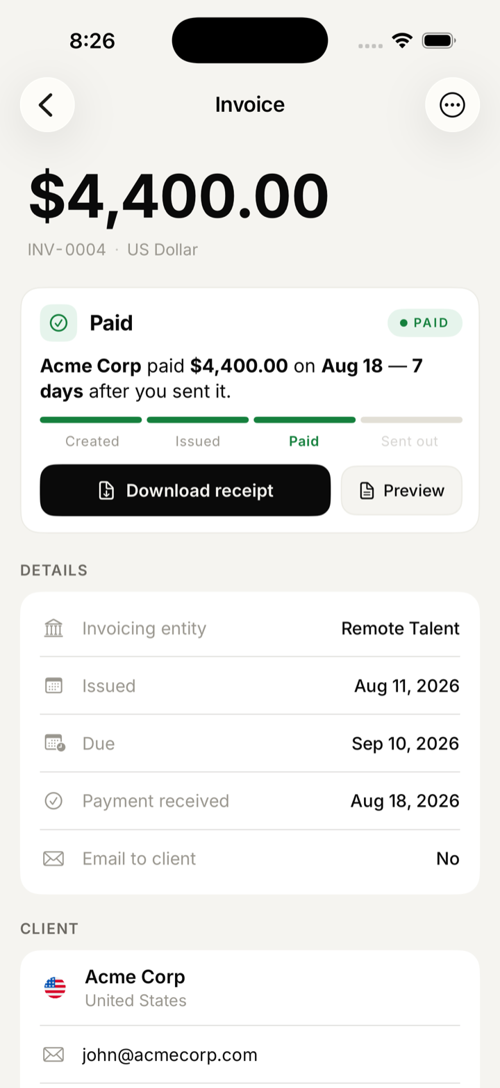 A paid invoice showing the created, issued, paid and sent-out stages with a downloadable receipt.