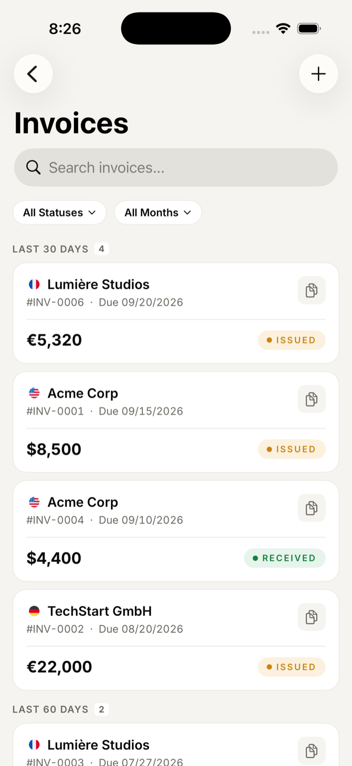 Invoice list grouped by age, showing euro and dollar invoices with status pills.