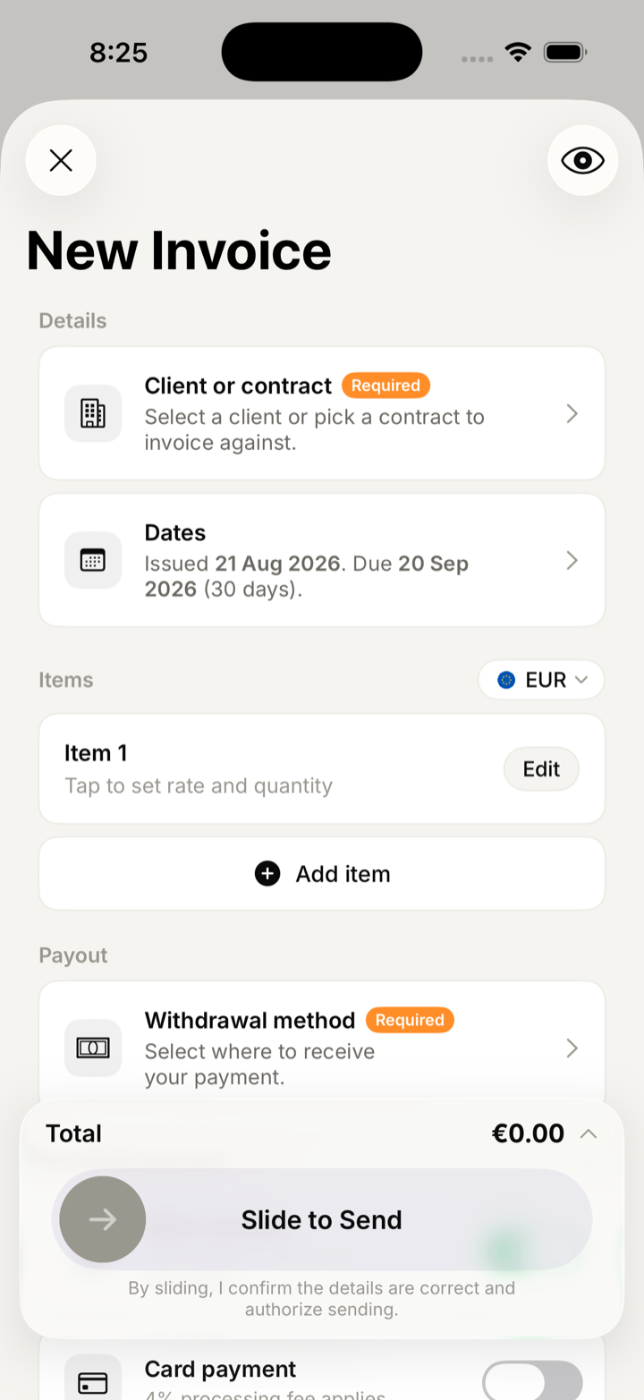 The New Invoice screen: client or contract, dates, line items, payout method and a slide-to-send control.