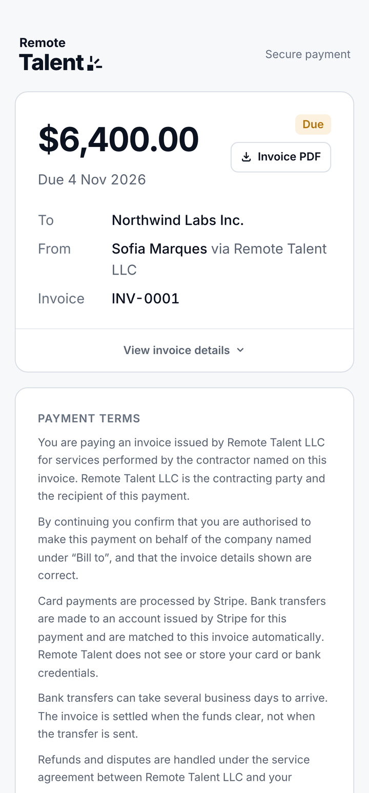 The client's payment page on pay.remotetalent.io: a $6,400.00 invoice due 4 Nov 2026 to Northwind Labs Inc. from Sofia Marques via Remote Talent LLC, with an Invoice PDF button and the payment terms.