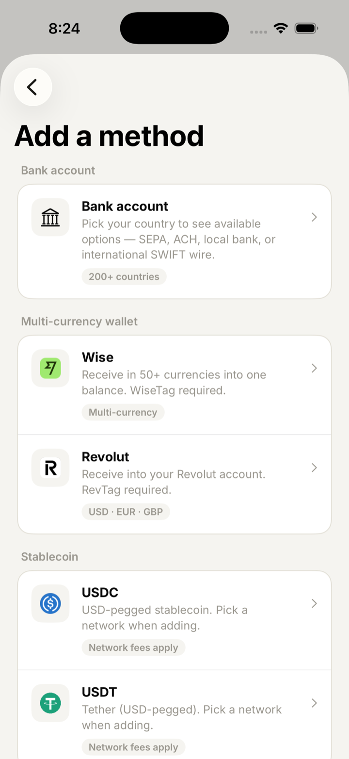 Adding a payout method in the Remote Talent iOS app: bank account, Wise, Revolut, USDC and USDT options.