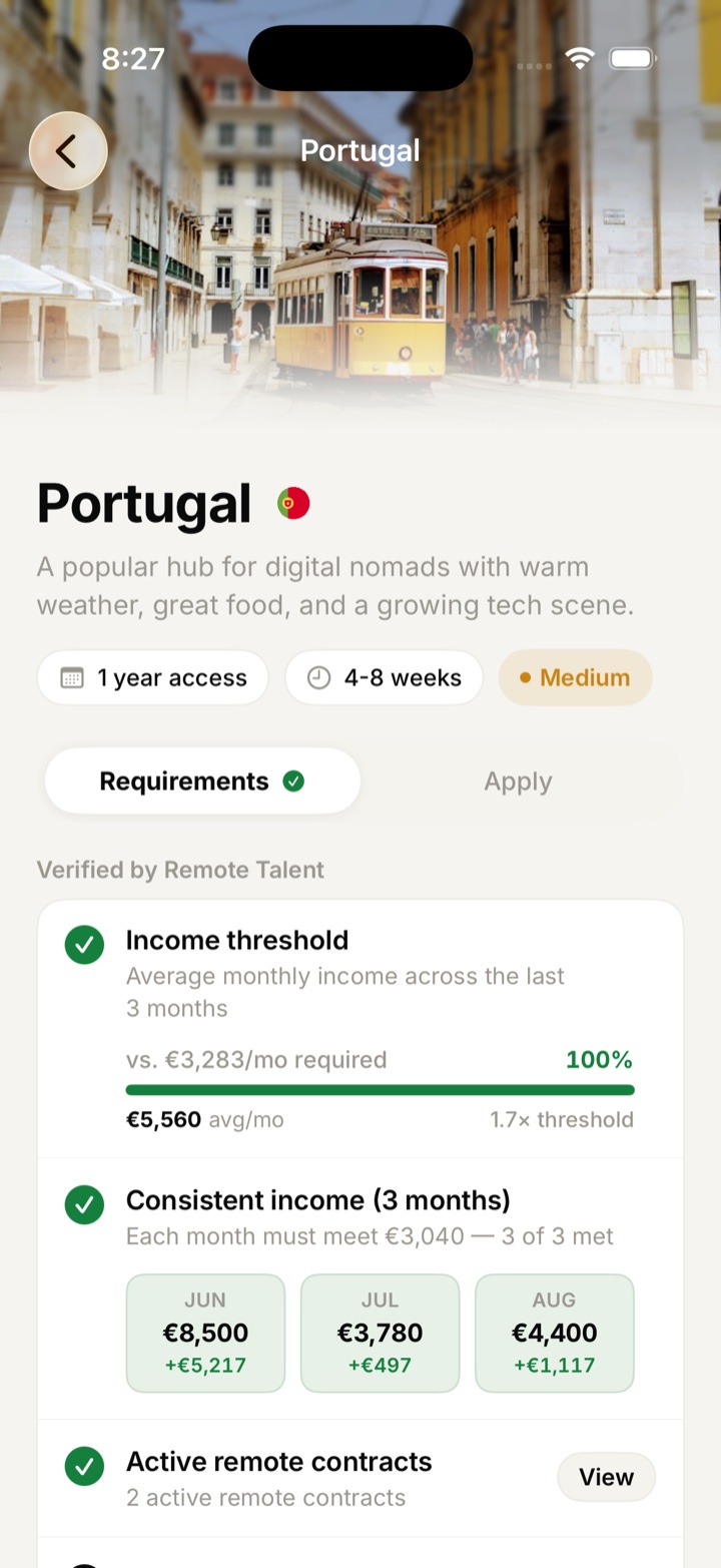 Portugal's D8 visa requirements checked against real billing history: income threshold met at 1.7× and three consecutive qualifying months.
